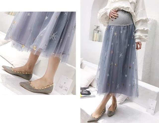 シフォン スカート ロング レース 韓国 おしゃれ デザイン 妊婦 マタニティー 結晶 星 ガーリー かわいい オルチャン ライトブルー Maternity Life