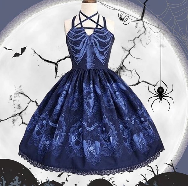 お取り寄せ商品 ワンピース ロリィタ ゴスロリ ゴシック ハロウィン スカル 骸骨 病みかわいい レースアップ 編み上げ キャミワンピ 星 Candy Melts