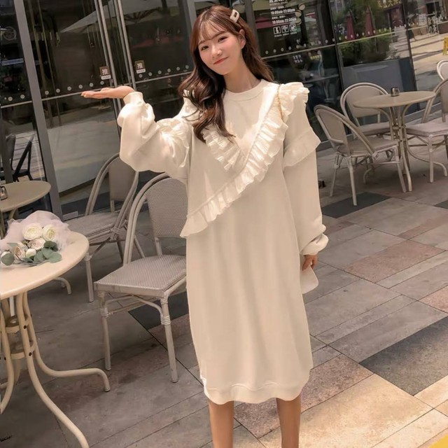 胸元 袖フリル ロングワンピース 全2色 Liliana