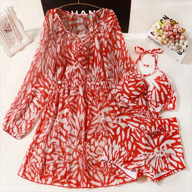 大人可愛いワンピースビキニの3点セット こなれ感 タイ家計カバー ハイウェスト きれいめ 夏 プールや海に マリブビーチ