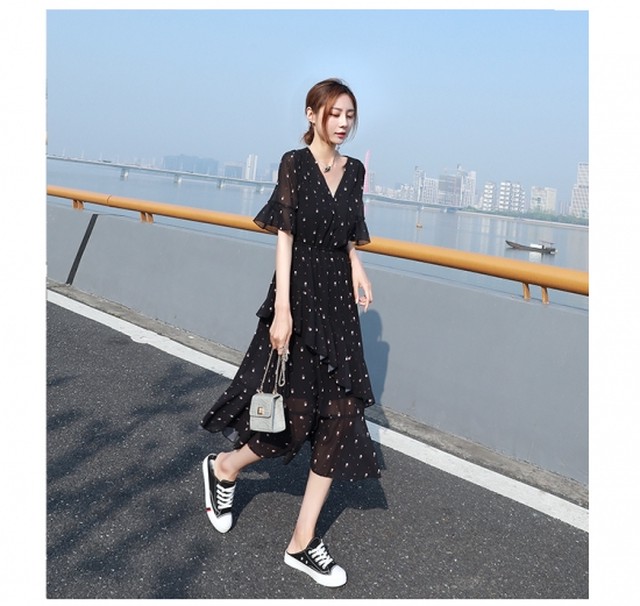 ティアードワンピース 半袖 水玉ワンピース 黒 Vネック ドット 透け感 シースルー ロング丈 フリル フェミニン かわいい Hr304 Raxia ラクシア