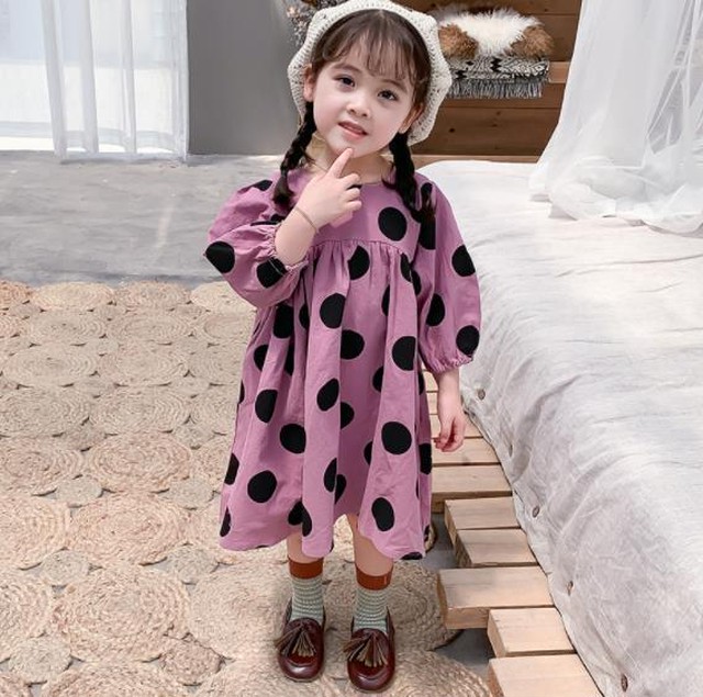 キッズ ドットワンピース 韓国子供服 くすみカラースカート レトロワンピ Syanu Shop子供服 韓国子供服 韓国ベビー服 キッズベビー