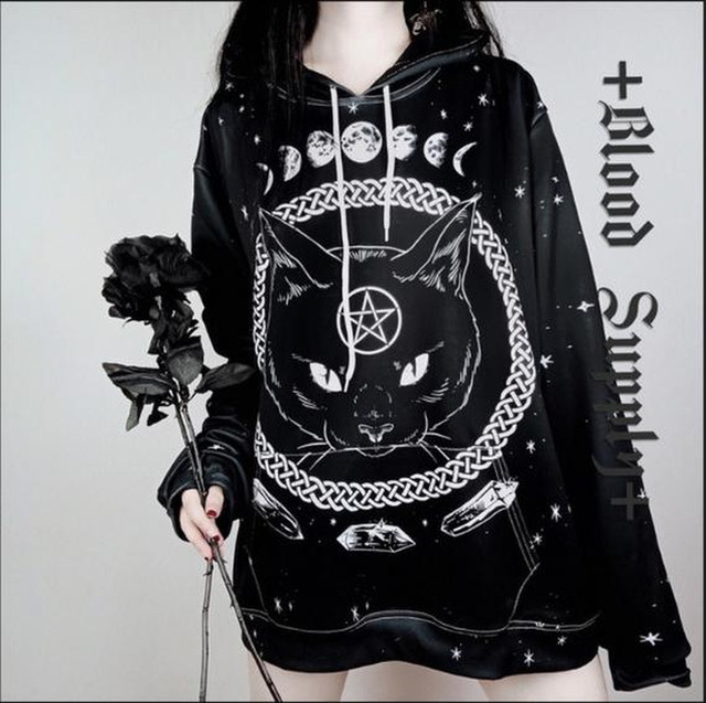 病みかわいい パーカー ゴシック系 黒猫 五芒星 ビッグシルエット オーバーサイズ オリジナルブランド ゴシック 原宿系 10代 代 天使と悪魔 サブカル系ファッション Seasonz