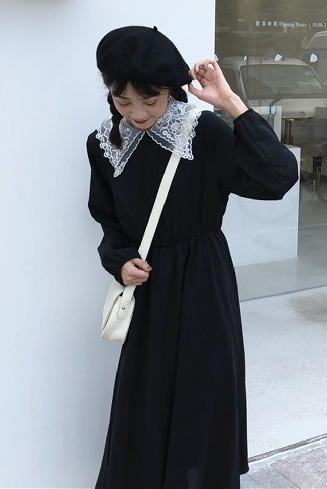 フリル襟 ワンピース 黒 レディース きれいめ ワンピース 韓国 ファッション ロング 長袖 ベーシック 春 Aライン ワンピース ブラック B 2 Idear フリル襟 ワンピース 黒 レディース きれいめ ワンピース 韓国 ファッション ロング 長袖 ベーシック 春 Aライン ワンピース ブラック B 2 Idear