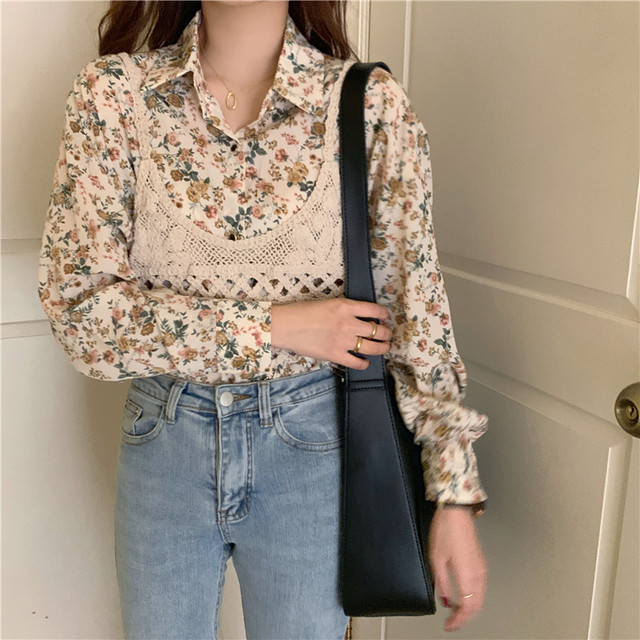〈カフェシリーズ〉フローラルシャツ+透かしあみビスチェ【floral shirt kniting bustier】