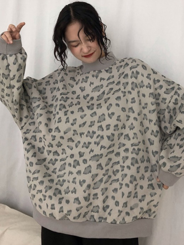 旬コーデ ヒョウ柄 スウェット ゆるだぼ レディース レオパード柄 トップス カジュアル メンズライク 秋冬 ハイネック オーバーサイズ 古着 Ptnym2561 Shop Suba