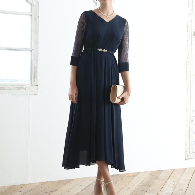 大きいサイズ有り 袖レースウエストタックロングワンピース カリーナ