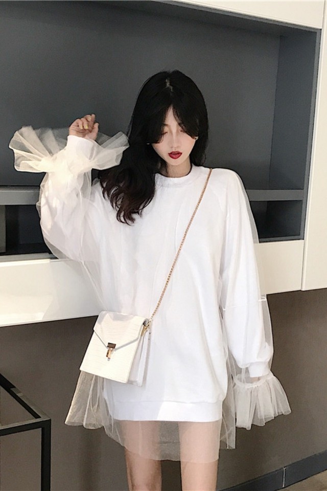 ワンピース スウェットワンピース ドッキングワンピース ミニ丈ワンピース チュール 長袖 お出掛け デート 春物 Magnifique