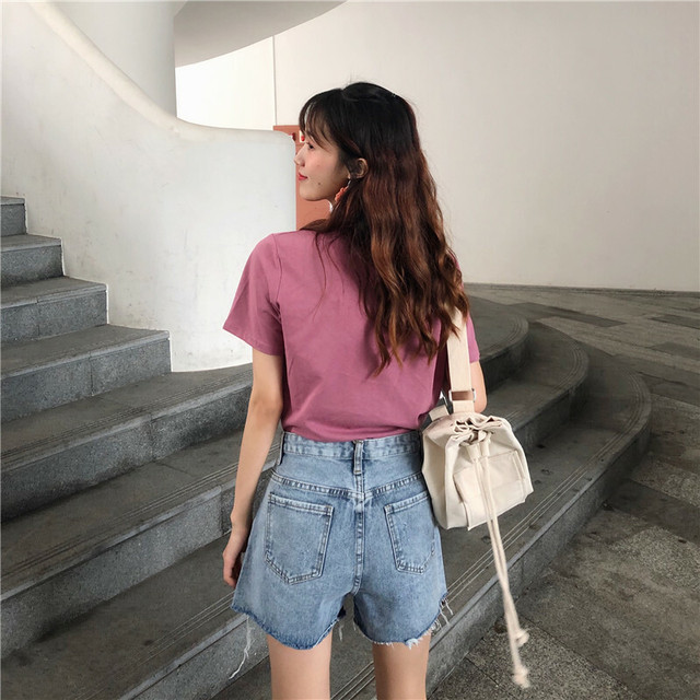 新作 ショートパンツ女性の夏ダメージジーンズハイウエスト緩いワイドレッグパンツパンツ ハイウェスト レッド サマー 夏物 ショーツ ブルマー ワイドパンツ Jyamy Shop