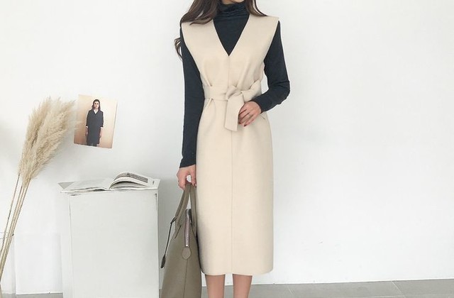 可愛い ウエストリボン ｖライン ベストワンピース 全3色 無地 ロング サイドスリット オシャレ 大人 上品 キレイめ オフィス お出かけ お呼ばれ レディース フリーサイズ Lalas