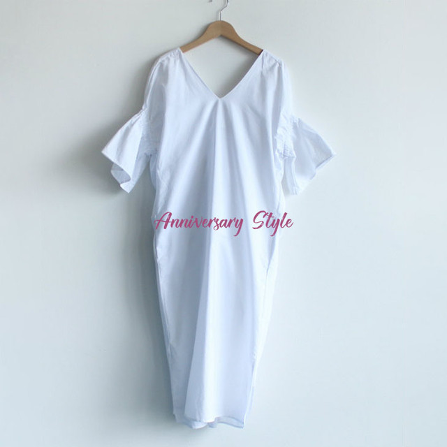 白 ワンピース ロング 半袖 即納 青 白 リゾート 七分袖 背中開き ねじりデザイン 綿 コットン ホワイト ブルー 紺 ネイビー Free U9301 Anniversary Style