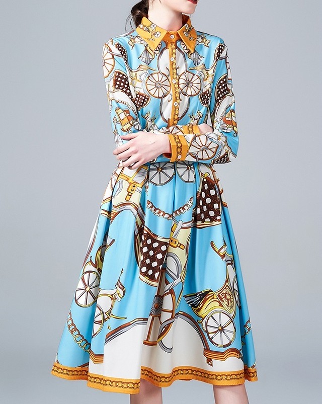 ワンピース ひざ丈 襟付き 長袖 スカーフ柄 Aライン きれいめ レトロ 春 秋 冬 お出かけ デート 女子会 お呼ばれ 食事会 ドレスワンピ W A Bell ベル もっと気軽に もっとオシャレを