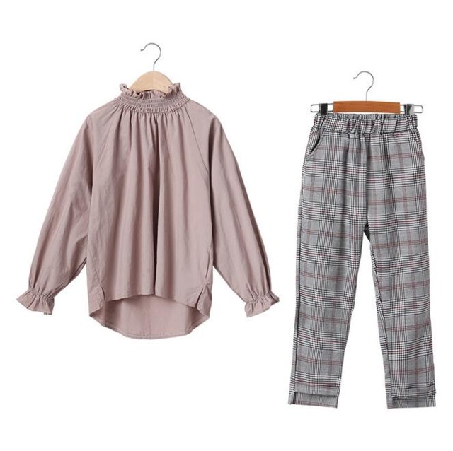 女の子 上下セット ブラウス チェック パンツ ジュニア 春 秋 おしゃれ 110 160 Dyh海外子供用品