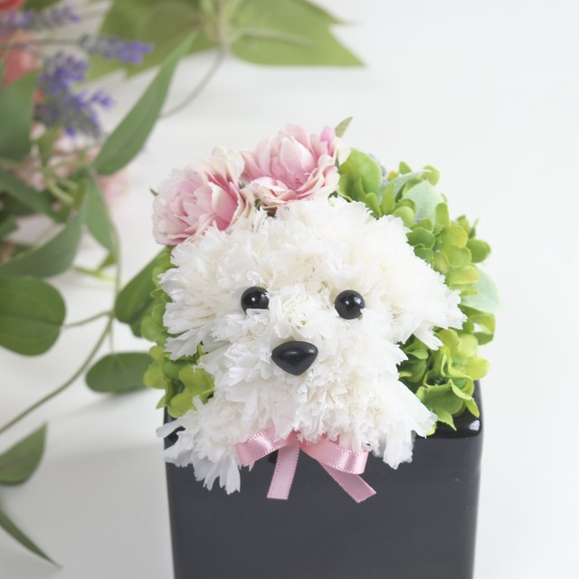 花の犬 白 プリザーブドフラワー カーネーションの犬 花 犬 プレゼント 母の日 ペットのお供え 誕生日 花の動物 カーネーション 可愛い 枯れない 花工房すりすとん