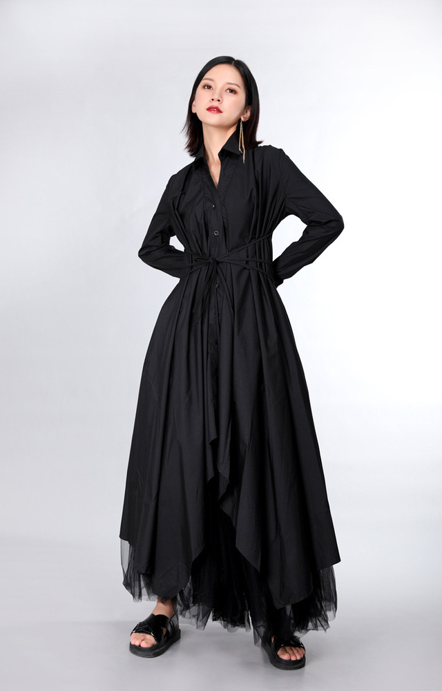 モード系 ゴシック イレギュラー リボン デザイン マキシ丈 ワンピース モノトーン シンプル シック 無地 W80 Top Mode