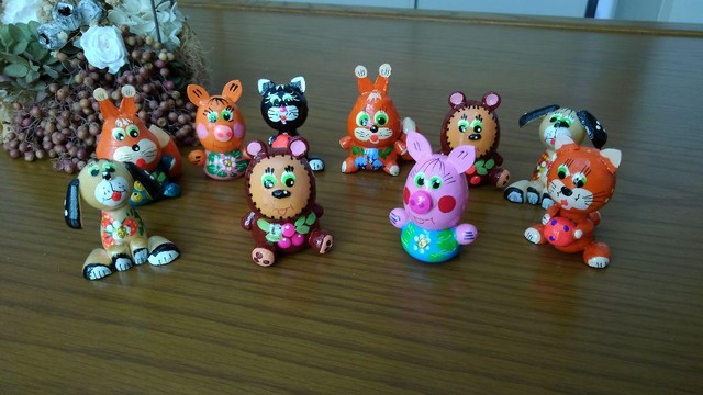 ロシア木製ハンドメイド人形 動物のキャラクター10体 中島雑貨 ロシア直輸入販売