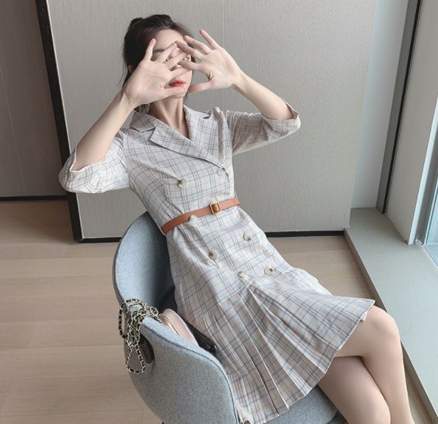 ワンピース 長袖 ミニ丈 チェック柄 サイドプリーツ トラッド 大人カジュアル デート お出かけ Quadrifolie クローバー