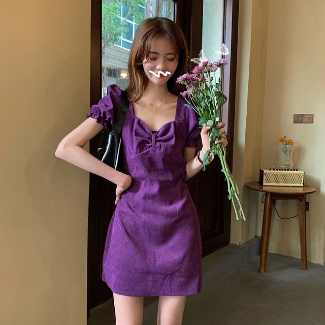 ワンピース 無地 レトロ 半袖 リボン ミニ丈 パープル セクシー ガーリー デート お出かけ シンプル おしゃれ かわいい 韓国 韓国ファッション オルチャン オルチャンファッション P951 Korean Select 韓国ファッション オルチャンファッション