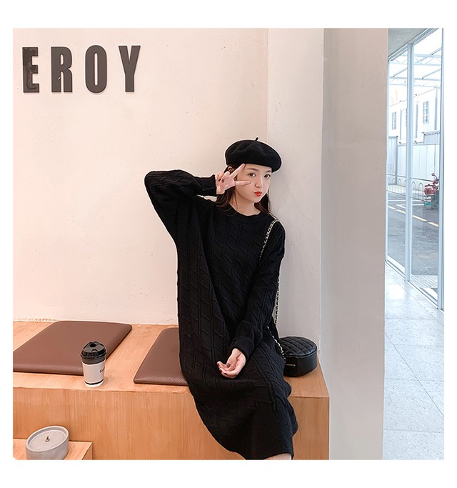 Dress 美人度アップカジュアルラウンドネックニットワンピースゆったり5色 Nanastyle