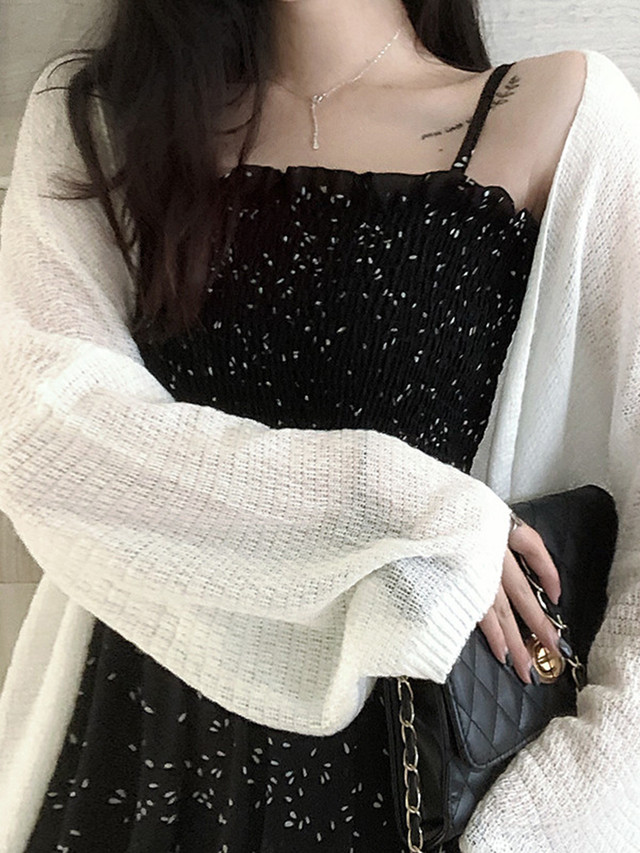 変形ドット柄 シャーリング フリル キャミソール ロングワンピース 黒 白 Free 6605 オフィスカジュアルとガーリーワンピース ブラウスのmeow24h ミャオトゥエンティフォーエイチ