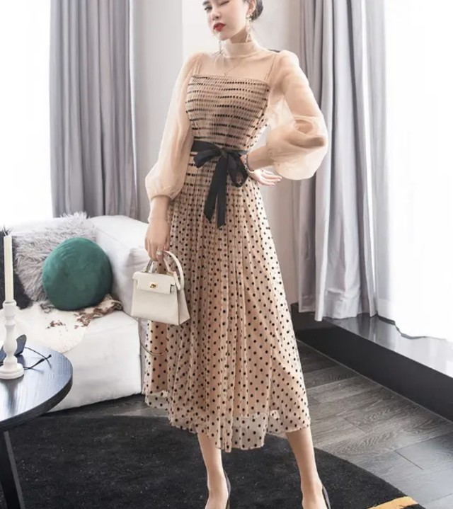 モデルさん多数着用 シースルードット柄シフォンワンピース Lilycloset ファッション通販