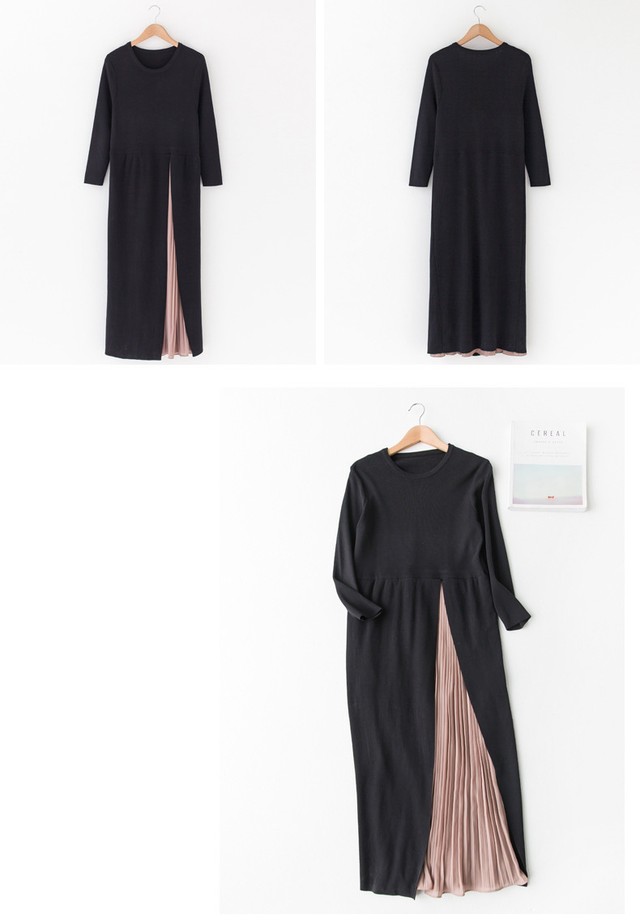 重ね着風 春新商品サイドシフォン 切替 ニットワンピース シンプル ロング サイドプリーツ切替ワンピース サイドプリーツ ニットワンピース サイドシフォン切替 ロング ニット 長袖 プリーツスカート 裾 シフォン ワンピース プチプラ お買い得商品 送料無料 韓国