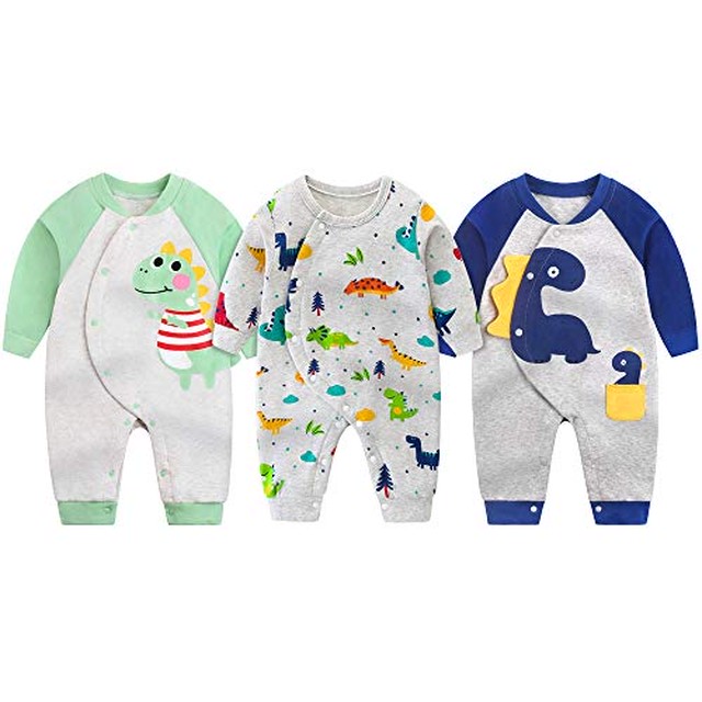 Jpcs ベビー 長袖 ロンパース 3枚組 前開き 赤ちゃん服 コットン100 肌着パジャマ カバーオール かっこいい 新生児服 四季兼用 着替え便利 出産祝い 恐竜柄 Az Japan Classic Store