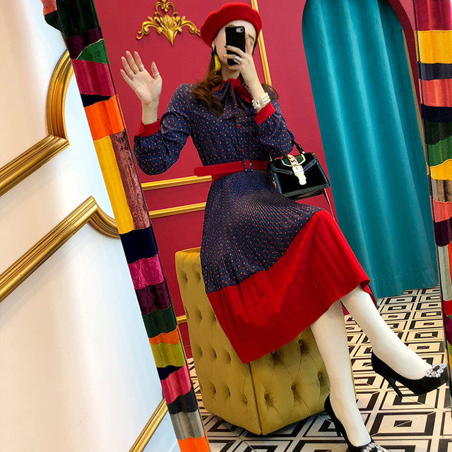 秋のレトロコーデに バイカラー ひざ丈ワンピース シフォンワンピース ガーリー フェミニン ガーリー リボンネクタイ 長袖 エレガント Ptnym18 Shop Suba