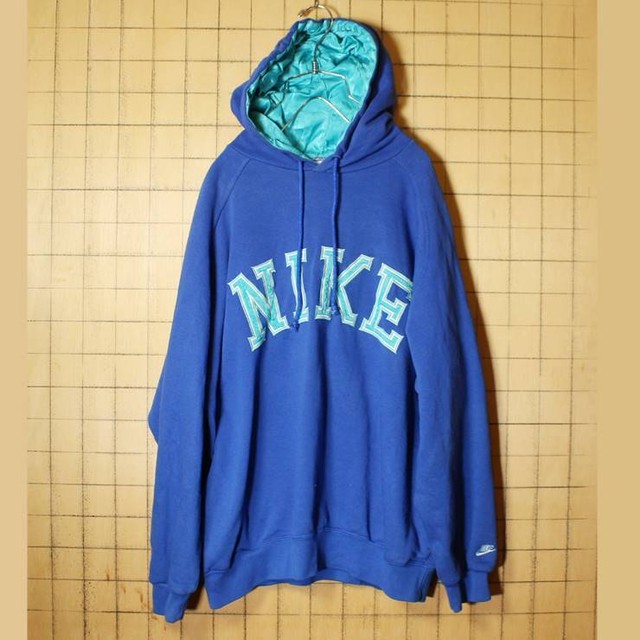 80s 90s Euro Nike ナイキ スウェットパーカー ブルー メンズl相当 フーディー デカロゴ ポルトガル製 ヨーロッパ古着 1007aw27 古着屋ataco Garage