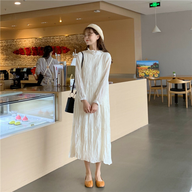 ロングワンピース 春ワンピース ハイネック フリルネック 袖あり ロング丈 無地 ゆったり 体型カバー フレア ふんわり 可愛い デート お出かけ ピンク ホワイト A126 サニーサイド