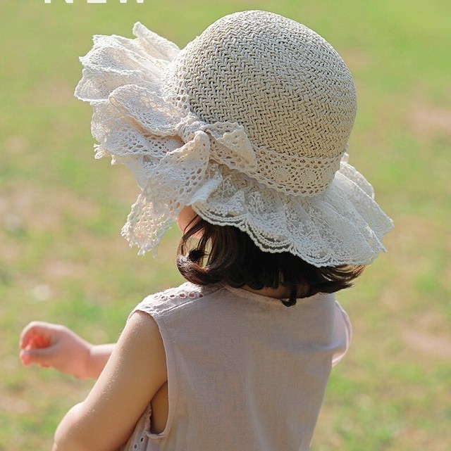 夏 ベビー キッズ レース リボン 麦わら帽子 可愛い 女の子 ナチュラル お出かけ 韓国 ベージュ ピンク ブラウン Clea