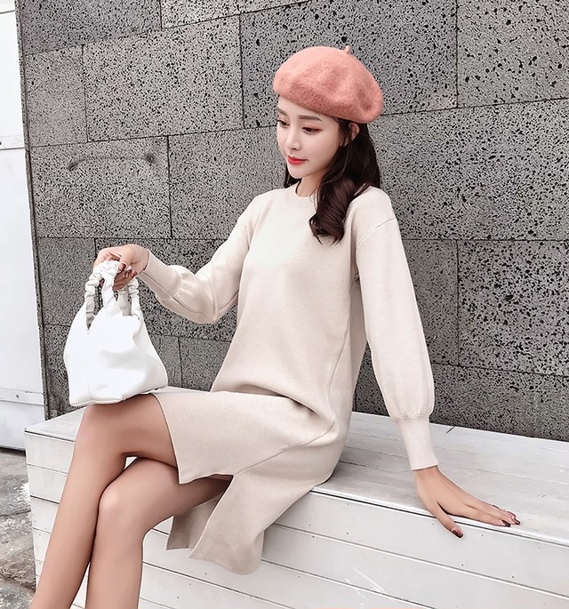 レディース ワンピース ニットワンピース 長袖 無地ワンピース ピンク アプリコット スリット 丸首 膝上 冬服 秋服 大人可愛い デート 女子会 お出かけ Casual Dress Suba