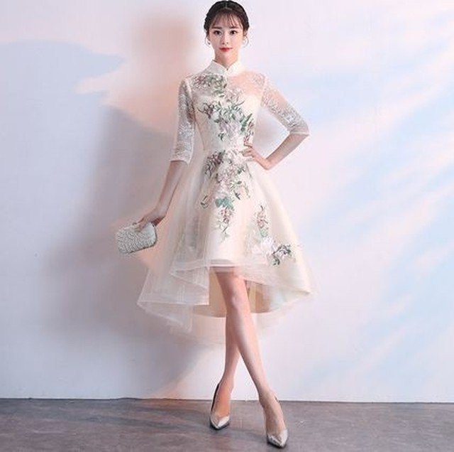 5分袖 フィッシュテール レース袖 レースワンピース 花刺繍 ミモレ丈ドレス フェミニン 刺繍ワンピース 結婚式 二次会 お呼ばれ Ptnym0907 Shop Suba