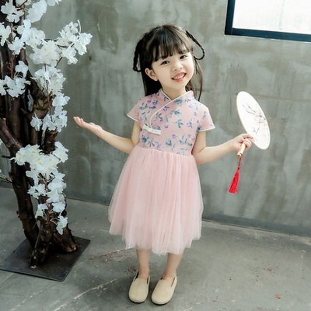 子供服 女の子 ワンピース 夏 膝丈 チャイナドレス チュール 花柄 おしゃれ お祝い 誕生日 結婚式 およばれ 半袖 春 夏 切り替え グリーン ピンク キッズ 可愛い 個性的 上品 Leaflower 001 リーフラワー レディースファッション専門店