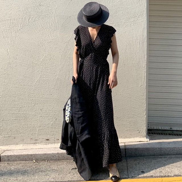 ドット柄 ワンピース マキシ丈 フレア切替 カシュクール ノースリーブ 春夏 大人きれい おしゃれ お出かけ Op0397 Natuliria ナチュリリア