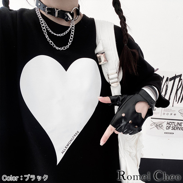お支払い確認後日以内発送 Romelcheo ラブ ハート モノクロ Tシャツ 半袖 プリント イラスト 白黒 バイカラー モノトーン シンプル レディース 原宿系 病みかわいい 大人可愛い ストリート系 モード系 量産型 青文字系 ガーリー カジュアル ファッション ロメルチェオ