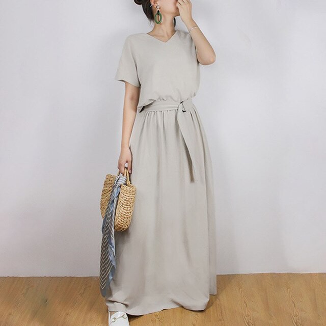 ロングドレスベルト無地 シックなファッションレトロマキシドレス Beige Heart Depot