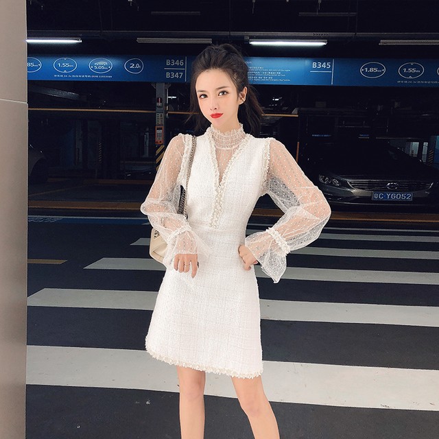 セットアップ レースブラウス ドット柄 シースルー ツイードワンピース ミニワンピース ワンピースドレス パーティー お呼ばれ 結婚式 二次会 同窓会 女子会 食事会 Ptnym2851 Shop Suba