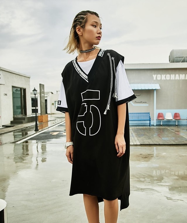 ベスト ノースリーブ ストリート ロング丈 Vネック プリント アシンメトリー コットン Rushmore