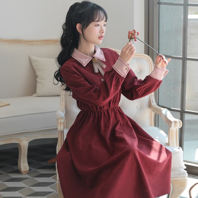 レトロワンピース ワンピース レディース 秋冬ワンピース 女子ワンピ 可愛い 無地 オシャレ ワンピース クラシカル 長袖 カワイイ 膝下丈 ミモレ丈 バイカラー ハイウエスト ウエストマーク 10代 代 ブラック ブルー レッド ベージュ Sz212 Sunny Place