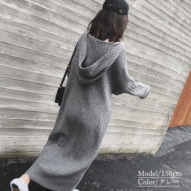 フード付き ニットワンピース レディース ゆったり ロングワンピース 長袖 カジュアル 無地 シンプル 大人 デザイン 黒 体型カバー ワンピ ワンピース Infini Arc En Ciel