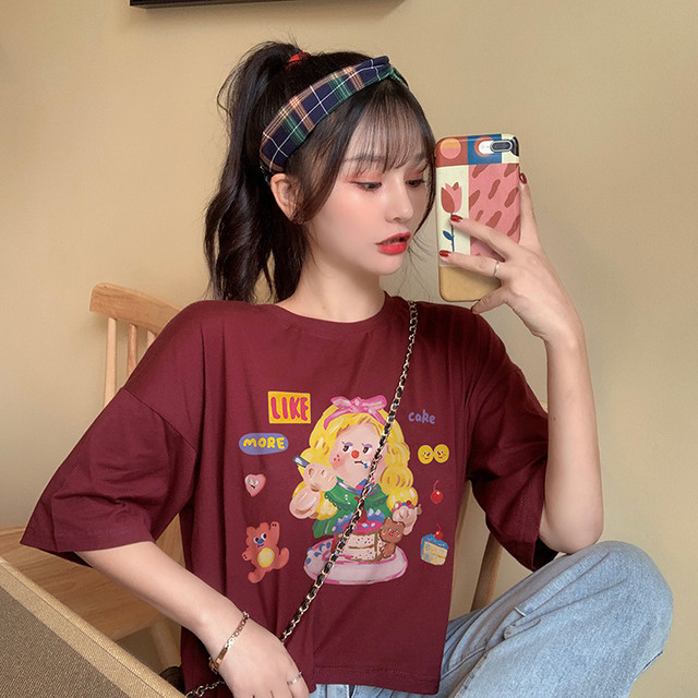 送料無料 Tシャツ 半袖 ショート丈 ワインレッド 韓国ファッション レディース トップス ラウンドネック プリント かわいい カジュアル シンプル ガーリー Dtc Re レディースファッション通販 Mask エムエーエスケー 大人可愛い韓国ファッション