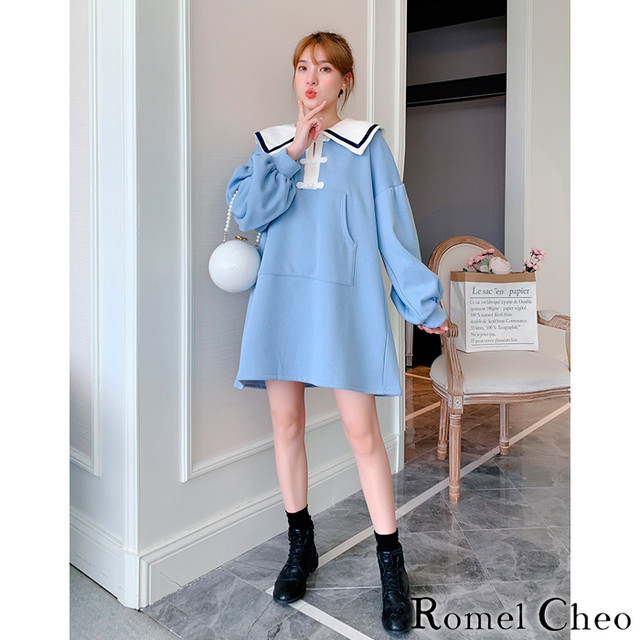 お支払い確認後日以内発送 Romelcheo パステル ブルー セーラー チャイナ ミニワンピース レディース チュニック ビッグシルエット ボリューム袖 春ワンピース Aライン 長袖 チャイナ風 原宿系 青文字系 ロリータ ガーリー 大人可愛い ロメルチェオ Romelcheo