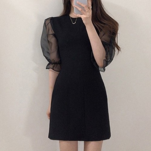 ワンピース 半袖 ミニ シースルー 夏 ワンピース ボリュームスリーブ パフスリーブ ワンピース パーティー 結婚式 黒 ワンピース 半袖 ミニ シースルー 夏 ワンピース ボリュームスリーブ Leaflower 001 リーフラワー レディースファッション専門店