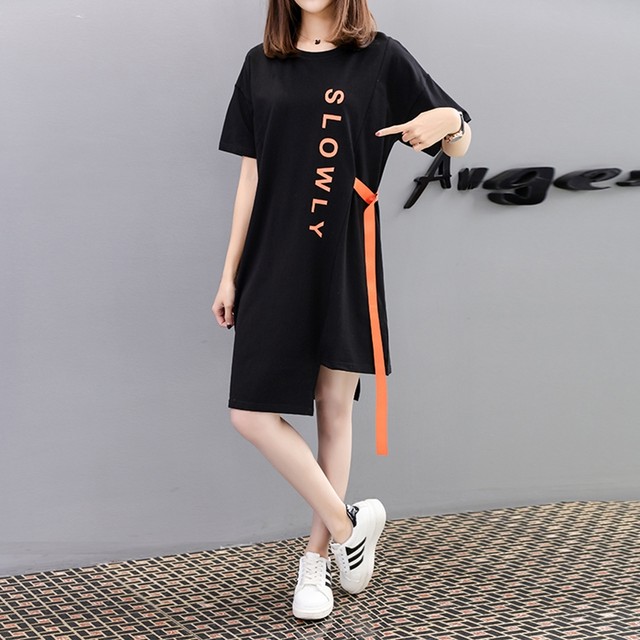 即納セール今だけ30 Off Tシャツ レディース ワンピース風 ブラック 韓国 可愛いコーデ 大きいサイズ ミモレ Adono アドゥーノ