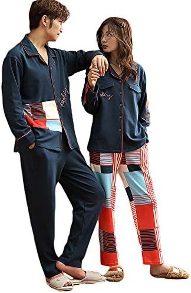 Jpcs ペア パジャマ カップル 秋 冬 メンズ 上下 セット レディース ルームウェア 綿 おしゃれ 長袖 部屋着 おそろい 寝巻き かわいい 大きいサイズ M L Ll 3l 4l ネイビー 前開き Japan Classic Store