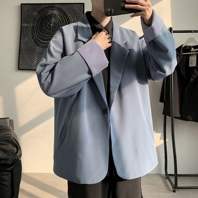 予約販売 テーラードジャケット 無地 アウター メンズ シンプル ベーシック 袖折り返し ブラック ブルー オフホワイト カジュアル こなれ感 お洒落 韓国トレンド 春 秋 大きいサイズ M L Xl 2xl Favoriteselect