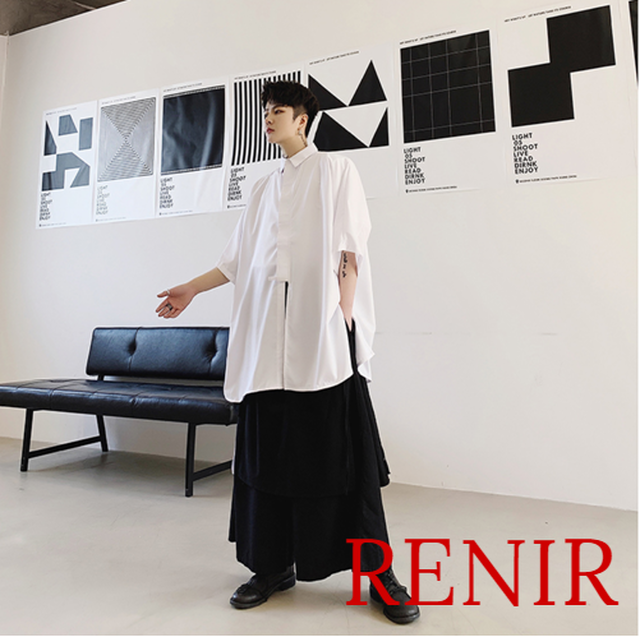 Renir レニール メンズ トップス シャツ 白 ホワイト 黒 ブラック モード系 ロング丈 変形 個性的 Renir レニール メンズファッション レディースファッション