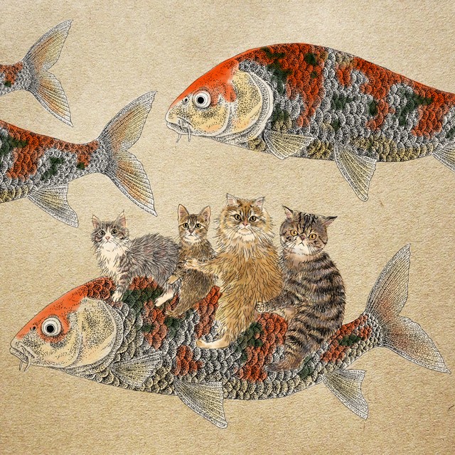 マグカップ 猫の絵 イラスト猫雑貨 くるくる空を泳ぐ鯉と猫 猫雑貨 グッズ通販 猫や動物イラスト 似顔絵作成 365cat Art