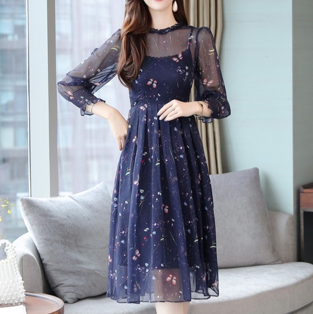 ドレス パーティードレス ワンピース 総レース ひざ下丈 ７分袖 代 30代 青 Aライン 透け感 シースルー 袖付き フリル袖 大人可愛い きれいめ シック 秋冬 二次会 お呼ばれ 謝恩会 イベント パーティー ドレスコード Prism One プリズム ワン